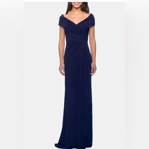 La Femme Navy Blue Off-Shoulder Gown